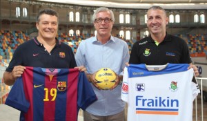 L'alcalde de Tarragona junt amb els entrenadors del Barça i el Granollers aquest matí