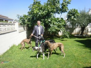 L'alcalde Enric Grangel, amb tres dels seus gossos llebrers i un de recent acollida.